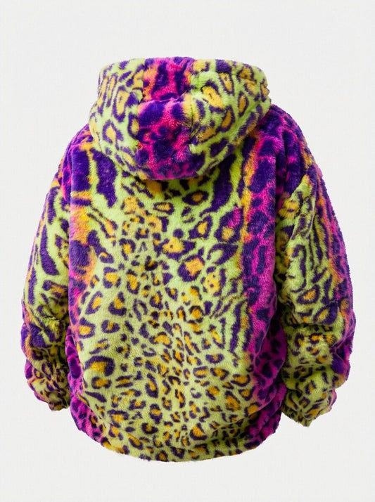 Casaco com Capuz de Pelo Sintético Estampa Leopardo Colorido com Zíper