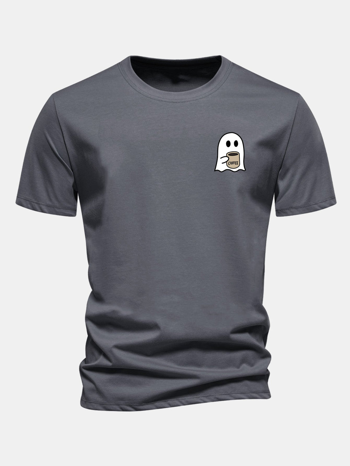 Camiseta de algodão com estampa de fantasma tomando café e caimento regular
