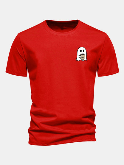 Camiseta de algodão com estampa de fantasma tomando café e caimento regular