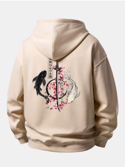 Moletom de caimento confortável com estampa de samurai japonês, katana, carpas koi e sakura