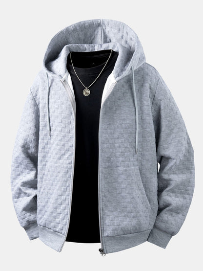 Jaqueta jacquard xadrez com capuz e zíper, corte amplo