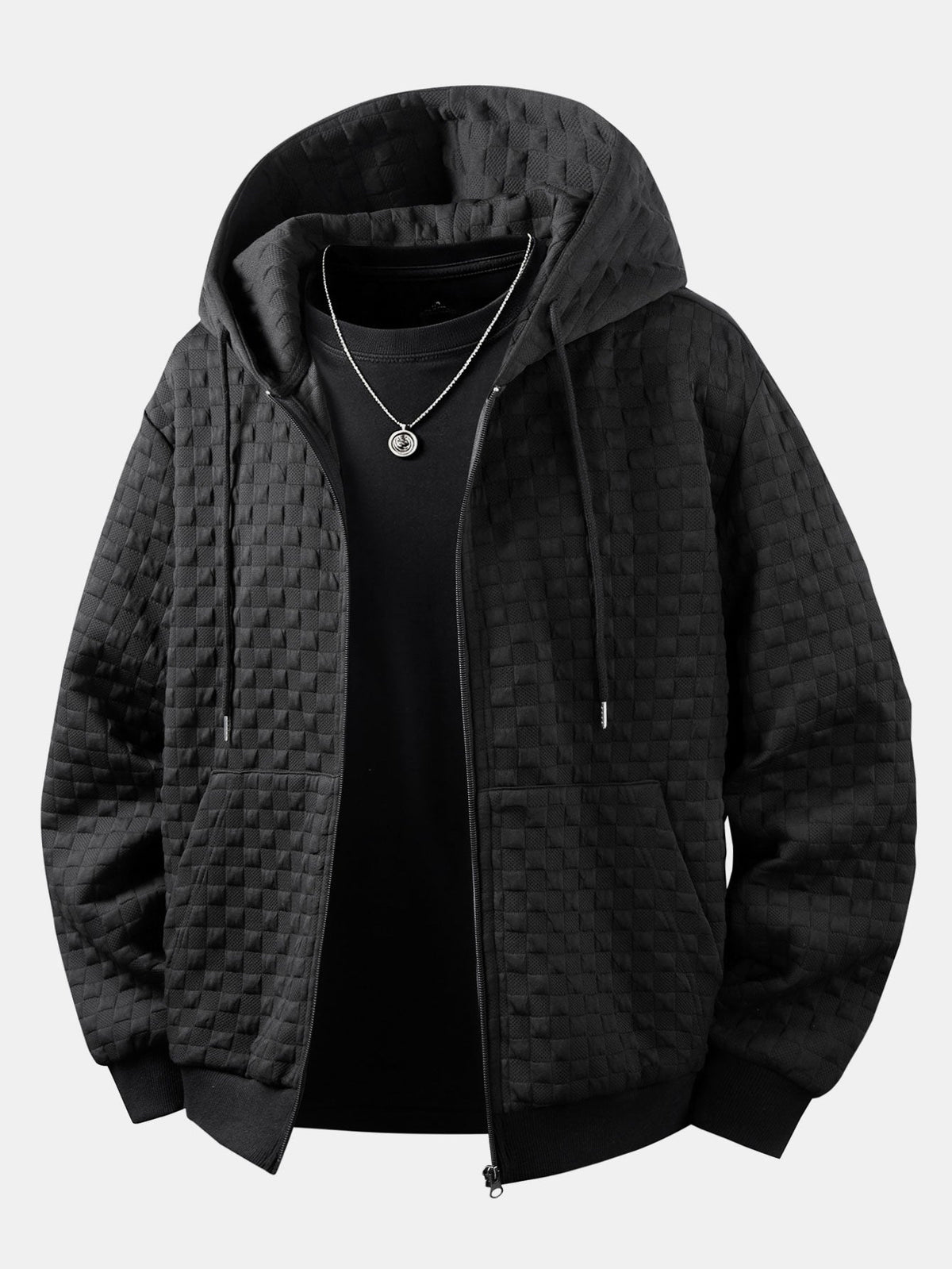 Jaqueta jacquard xadrez com capuz e zíper, corte amplo