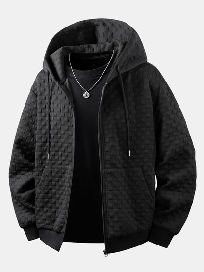 Jaqueta jacquard xadrez com capuz e zíper, corte amplo