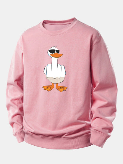 Moletom de Corte Relaxado com Estampa Engraçada de Pato Mostrando o Dedo Médio
