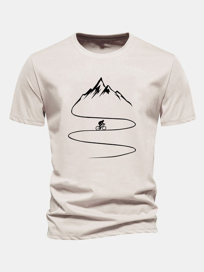 Camiseta de algodão com estampa de ciclismo e montanha, caimento regular