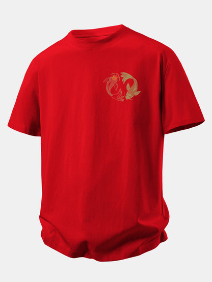 Camiseta de algodão com estampa japonesa de carpas koi e caimento confortável