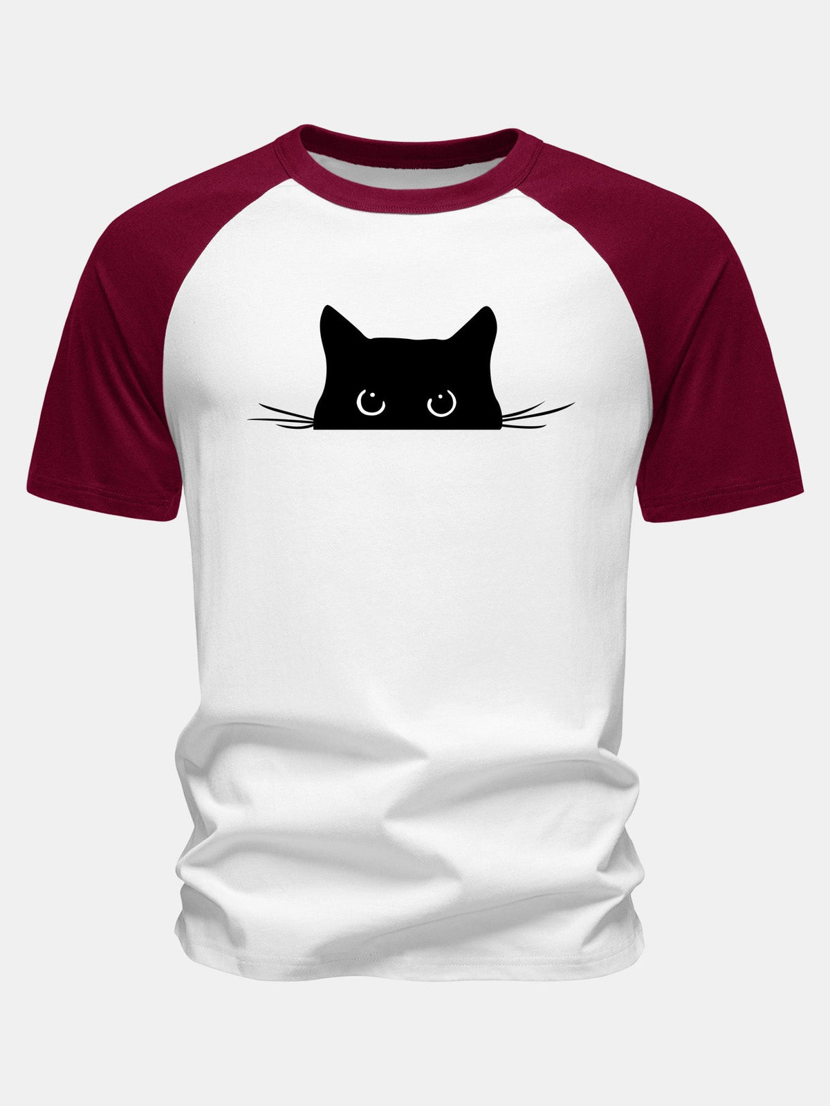 Camiseta de algodão com mangas raglã e estampa de gato preto