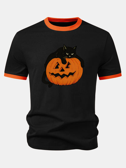 Camiseta Ringer de Contraste com Estampa de Gato Preto e Abóbora