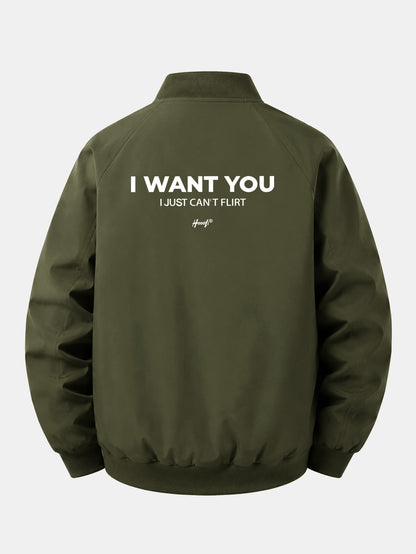 Jaqueta bomber com zíper, modelagem confortável e estampa "I Want You Back"