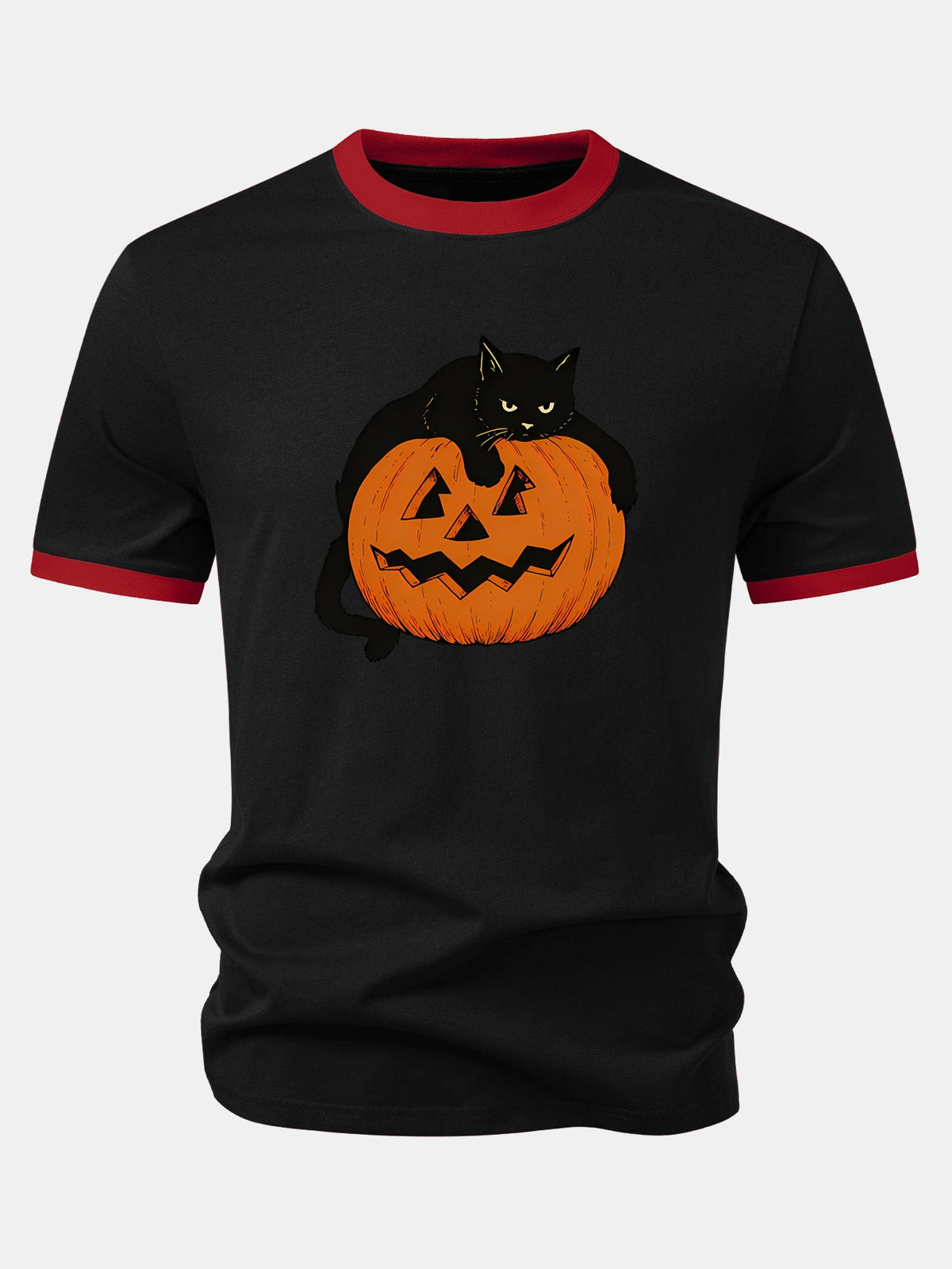Camiseta Ringer de Contraste com Estampa de Gato Preto e Abóbora