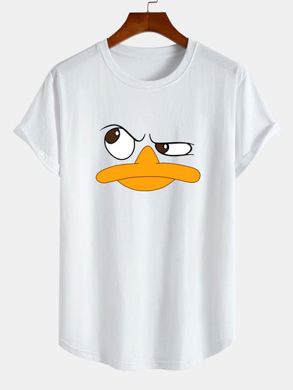 Camiseta de Algodão com Estampa de Pato Emoji e Barra Curvada
