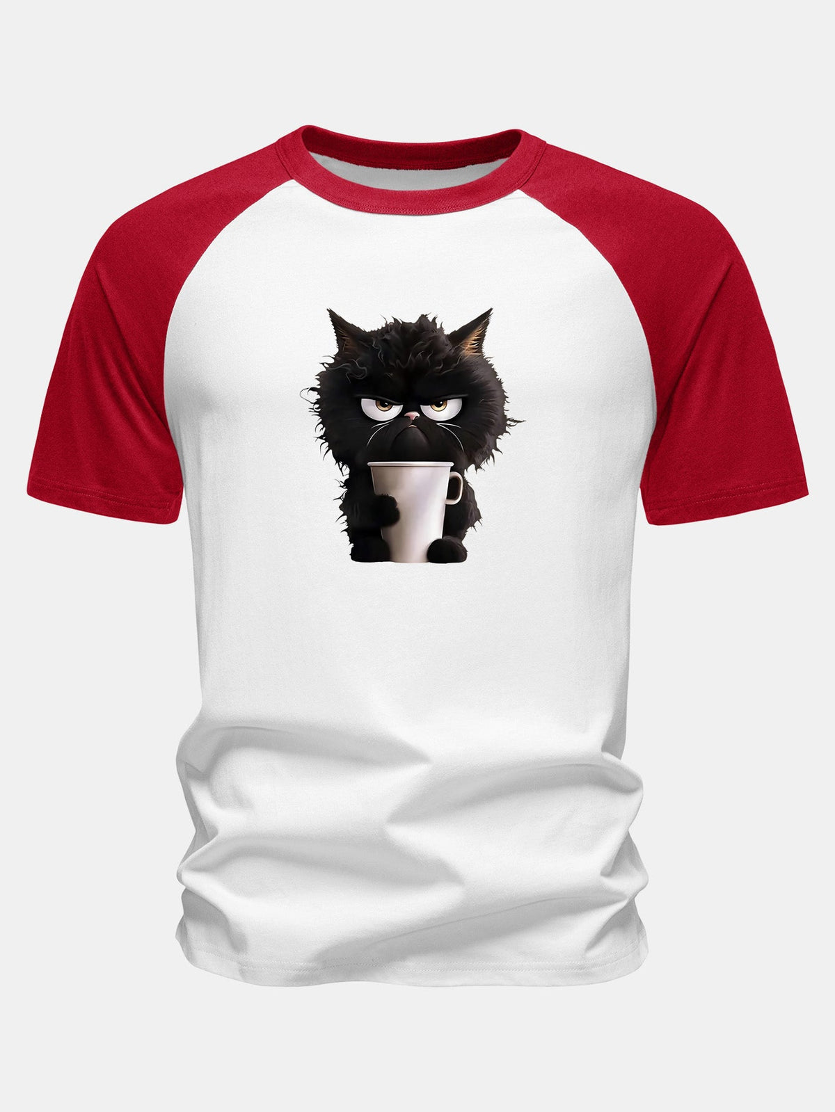 Camiseta de algodão com mangas raglan e estampa de gato preto tomando café