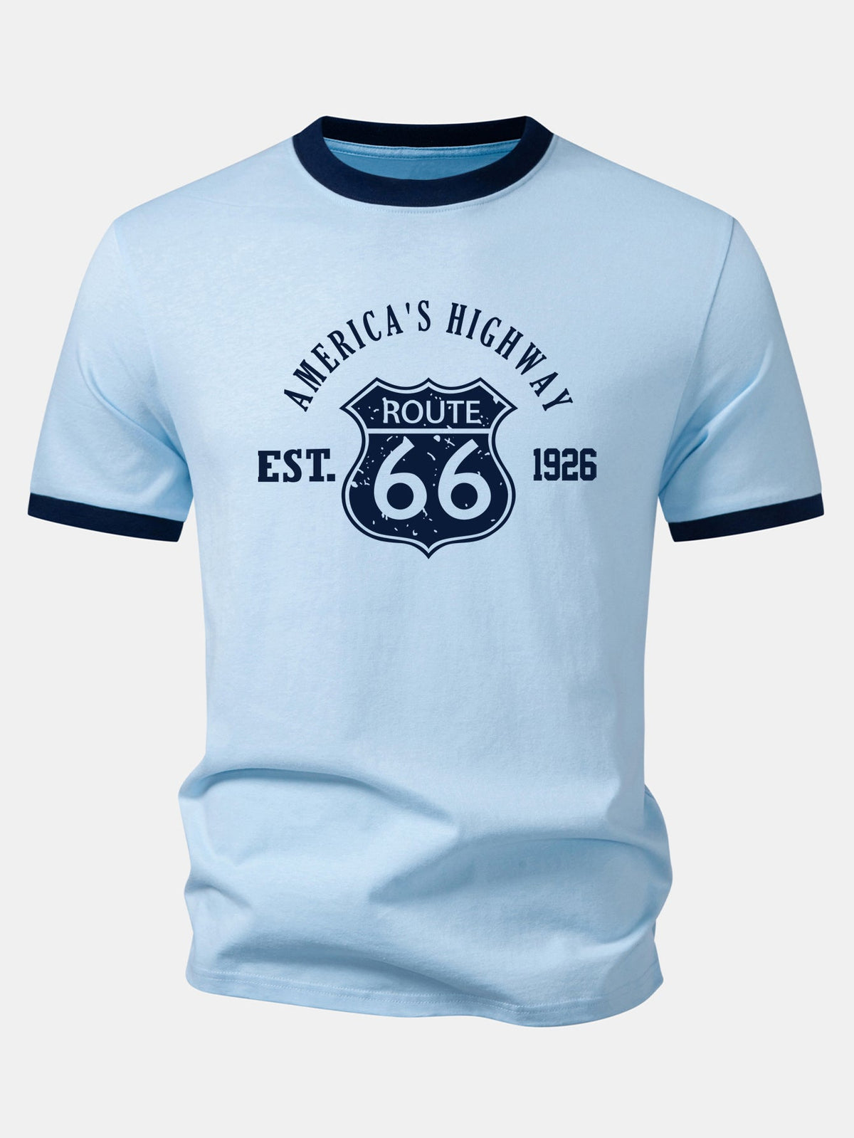 Camiseta Vintage Route 66 America's Highway com Estampa e Detalhe Contrastante