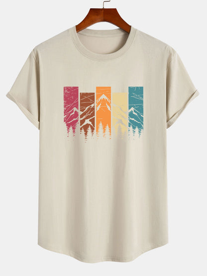 Camiseta de Algodão com Estampa Colorida de Montanha e Barra Curvada
