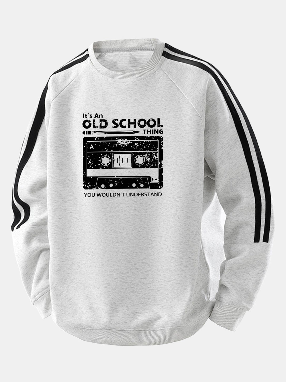 Moletom raglan listrado vintage com estampa de fita cassete e modelagem confortável