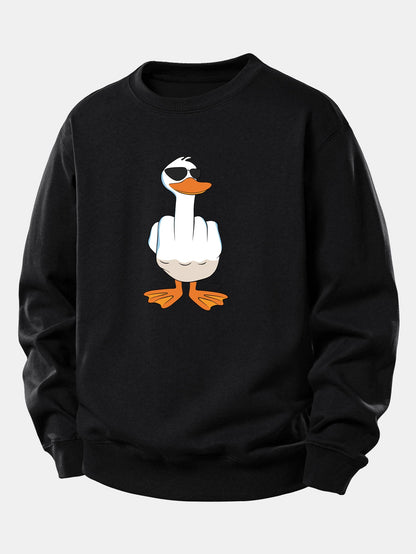 Moletom de Corte Relaxado com Estampa Engraçada de Pato Mostrando o Dedo Médio