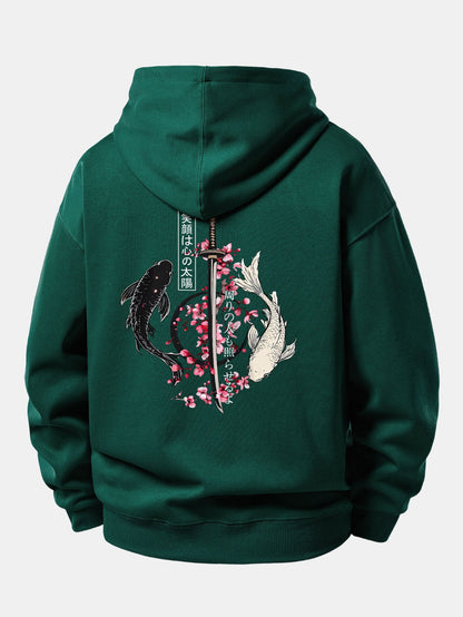 Moletom de caimento confortável com estampa de samurai japonês, katana, carpas koi e sakura