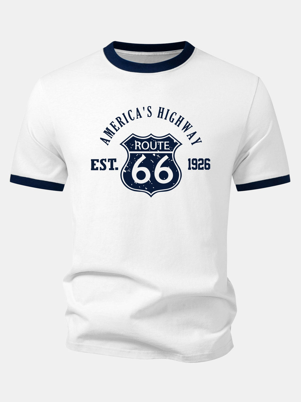 Camiseta Vintage Route 66 America's Highway com Estampa e Detalhe Contrastante