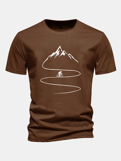Camiseta de algodão com estampa de ciclismo e montanha, caimento regular