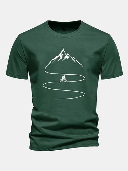 Camiseta de algodão com estampa de ciclismo e montanha, caimento regular