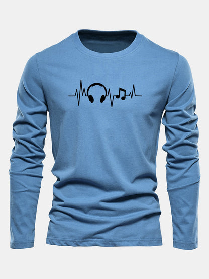 Camiseta de algodão com mangas longas e estampa de batimentos cardíacos musicais