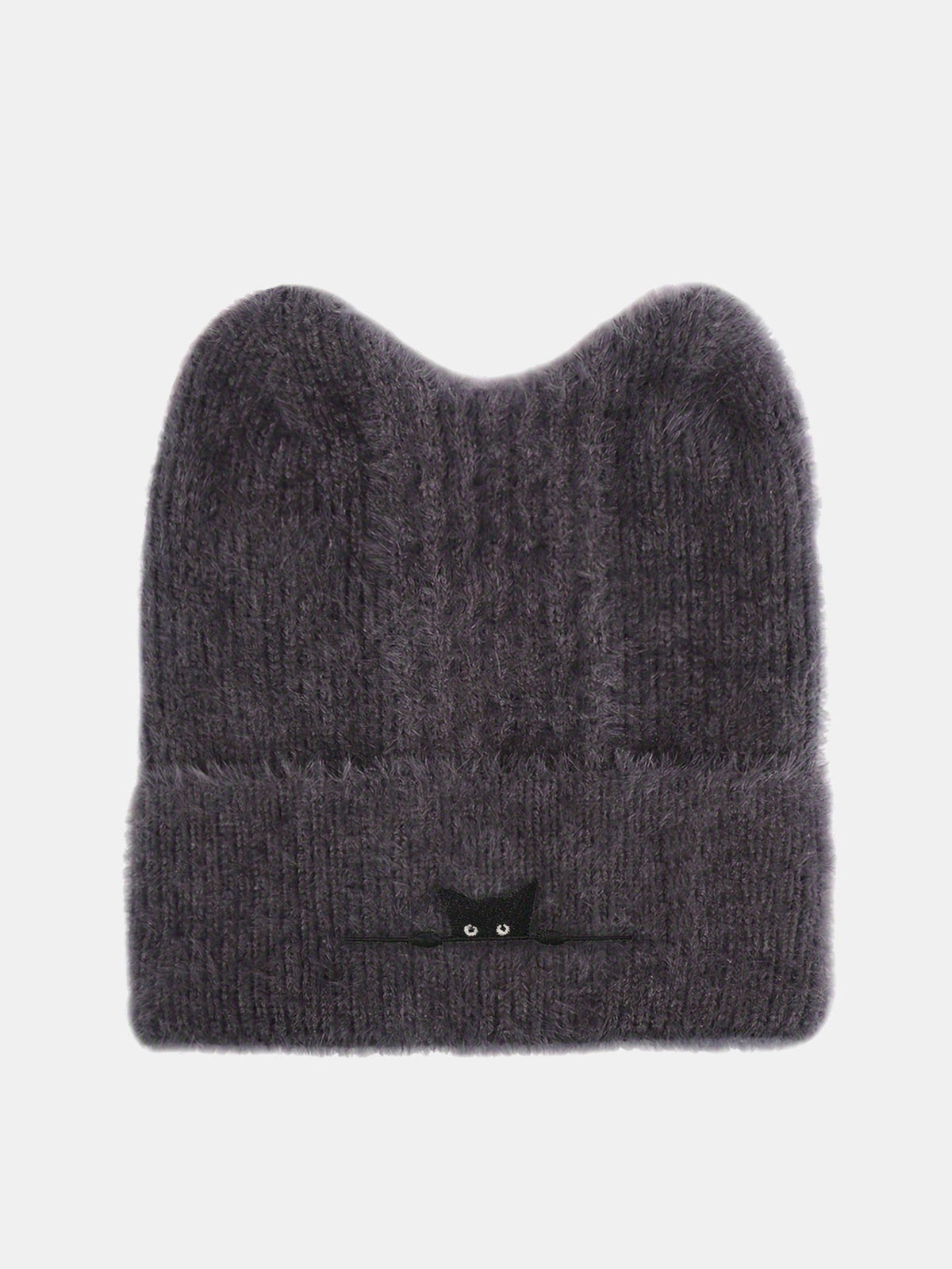 Gorro de pelúcia espessa com orelhas de gato e gato preto bordado