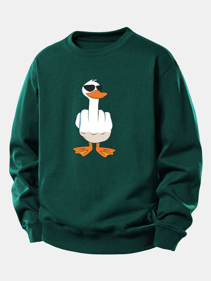 Moletom de Corte Relaxado com Estampa Engraçada de Pato Mostrando o Dedo Médio