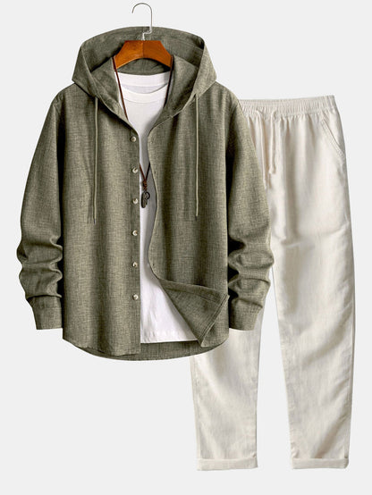 Camisa com capuz de manga longa com aparência de linho e calça de linho de perna reta