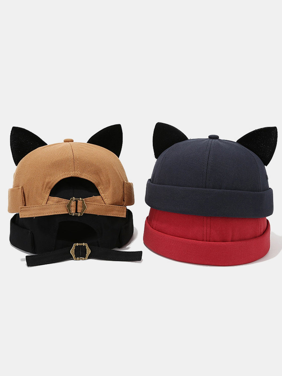 Gorro docker de pelúcia de cor sólida com orelhas de gato, punho dobrado, algodão macio e sem aba