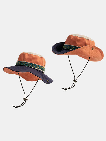 Chapéu boonie étnico para atividades ao ar livre, com faixa trançada e aba larga, para proteção solar