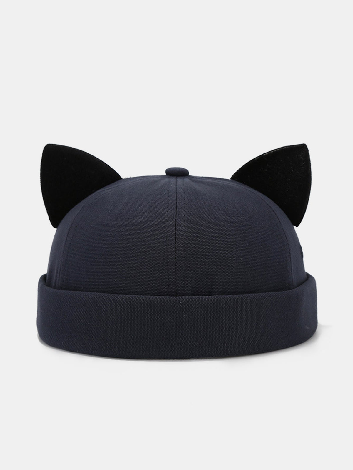Gorro docker de pelúcia de cor sólida com orelhas de gato, punho dobrado, algodão macio e sem aba