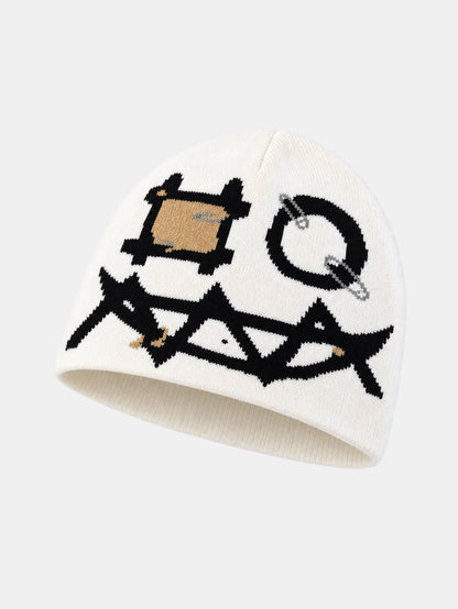 Gorro de malha com padrão de rosto de fantasma de desenho animado em estilo grunge
