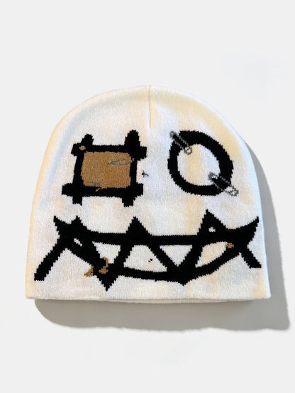 Gorro de malha com padrão de rosto de fantasma de desenho animado em estilo grunge