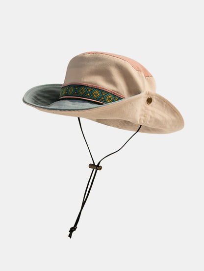 Chapéu boonie étnico para atividades ao ar livre, com faixa trançada e aba larga, para proteção solar
