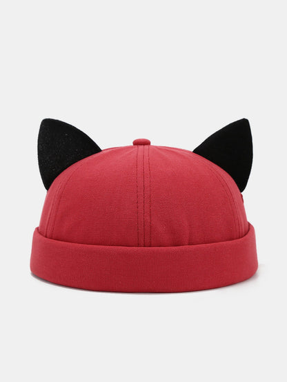 Gorro docker de pelúcia de cor sólida com orelhas de gato, punho dobrado, algodão macio e sem aba