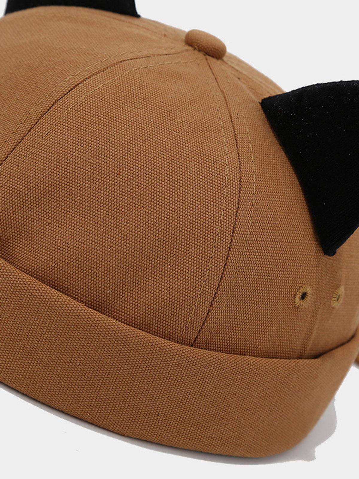 Gorro docker de pelúcia de cor sólida com orelhas de gato, punho dobrado, algodão macio e sem aba