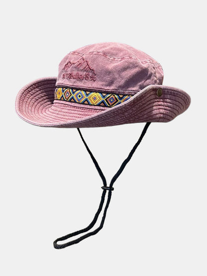 Chapéu Boonie vintage para atividades ao ar livre, com bordado de montanha, faixa étnica e proteção solar para trilhas