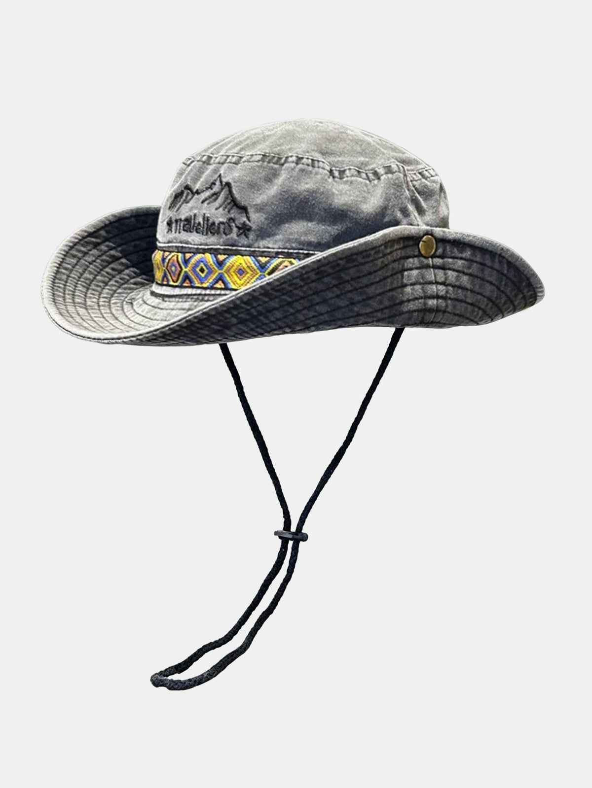 Chapéu Boonie vintage para atividades ao ar livre, com bordado de montanha, faixa étnica e proteção solar para trilhas