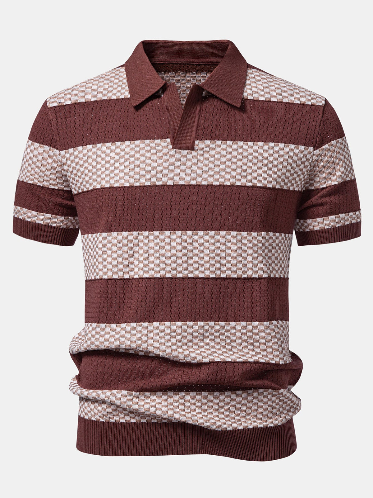 Polo de tricô texturizado listrado com decote em V