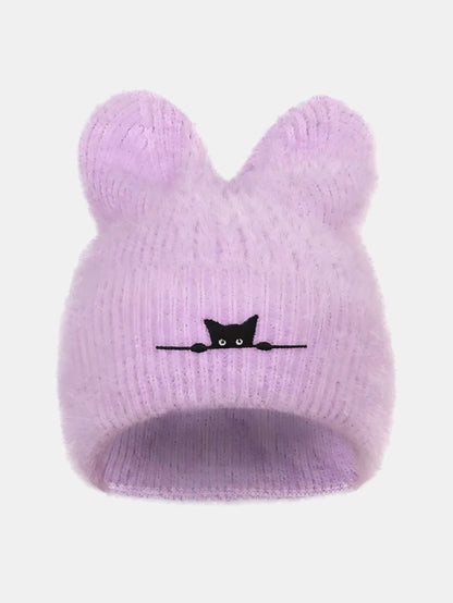 Gorro de pelúcia espessa com orelhas de gato e gato preto bordado